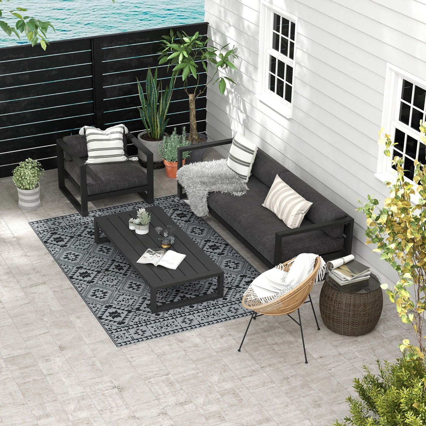 Outsunny Reversible Outdoor Garden Rug – Black & Grey (182cm x 274cm) - Clara Shade Sails - Outsunny -