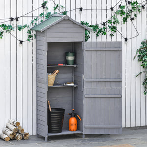 Outsunny Wooden Garden Storage Shed Utility Gardener Cabinet w/ 3 Shelves, Tilted-felt Roof and Two Lockable Doors, 79cm x 49cm x 191.5cm, Dark Grey, Natural Wood