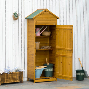 Outsunny Wooden Garden Storage Shed Utility Gardener Cabinet w/ 3 Shelves, Tilted-felt Roof and Two Lockable Doors, 79cm x 49cm x 191.5cm, Dark Grey, Natural Wood