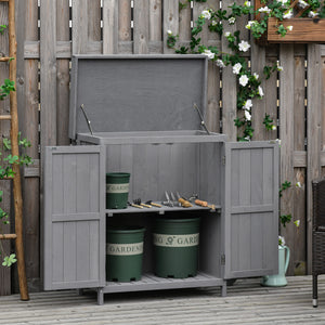 Outsunny Wooden Garden Storage Shed with Hinged Roof and Shelves, Outdoor Storage Cabinet Chest, Double Doors, 74 x 43 x 88cm, Grey, Natural Wood