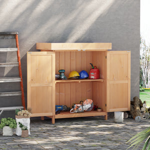 Outsunny Wooden Garden Storage Shed with Hinged Roof and Shelves, Outdoor Storage Cabinet Chest, Double Doors, 74 x 43 x 88cm, Grey, Natural Wood