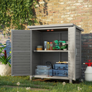 Outsunny Garden Shed Wooden Garden Storage Shed Shutter Panel 2 Door Unit Solid Fir Wood Garage Tool Organisation Cabinet, 87L x 46.5W x 96.5Hcm, Grey, Natural Wood