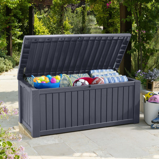 Keter - Rockwood Garden Storage Box Wood Effect 570L Anthracite - Clara Shade Sails