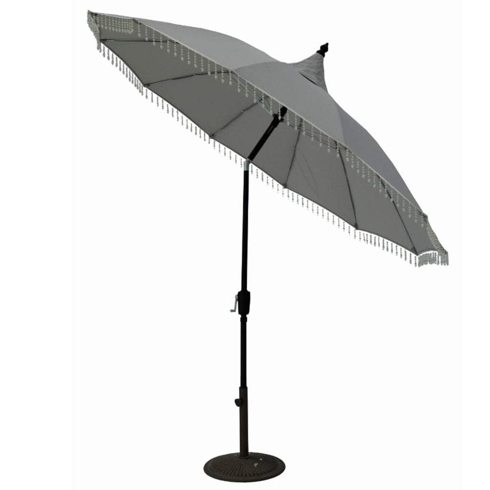 Norfolk Leisure Carrousel Beaded Garden Parasol Umbrella - Fringe Tassels 2.7m Crank Handle and Tilt - Cream or Grey