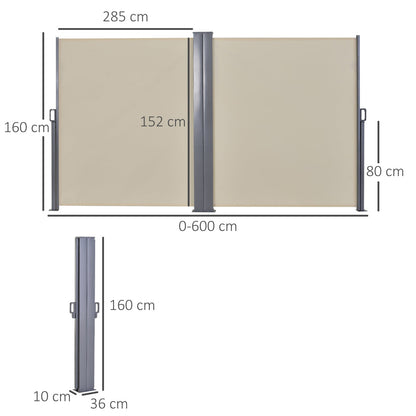 Outsunny Double Retractable Side Awning Privacy Screen, Beige - 6m x 1.6m - Clara Shade Sails - Outsunny - 