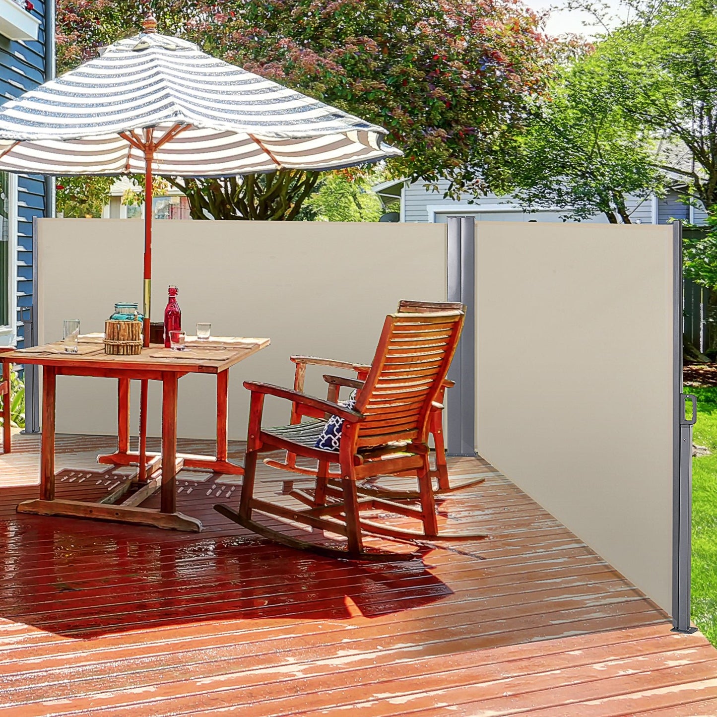Outsunny Double Retractable Side Awning Privacy Screen, Beige - 6m x 1.6m - Clara Shade Sails - Outsunny - 