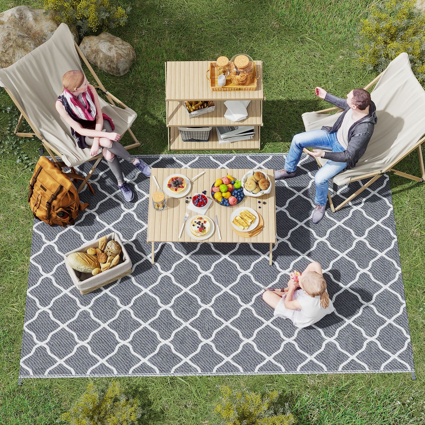 Outsunny Reversible Outdoor Garden Rug (182cm x 274cm) – Black & White or Grey & White - Clara Shade Sails - Outsunny - Grey & White - 