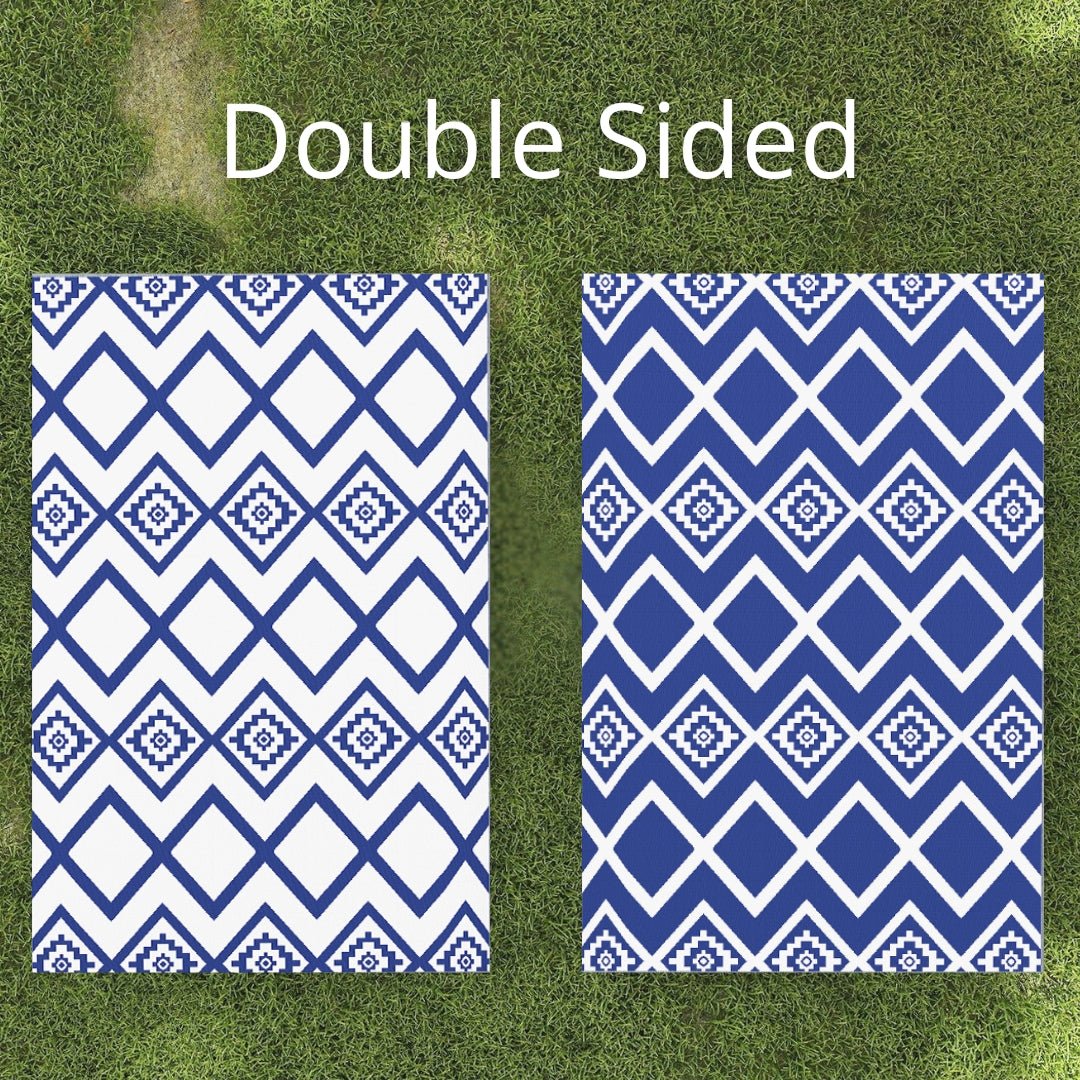 Outsunny Reversible Outdoor Garden Rug – Blue & White Geometric (182cm x 274cm) - Clara Shade Sails - Outsunny - 