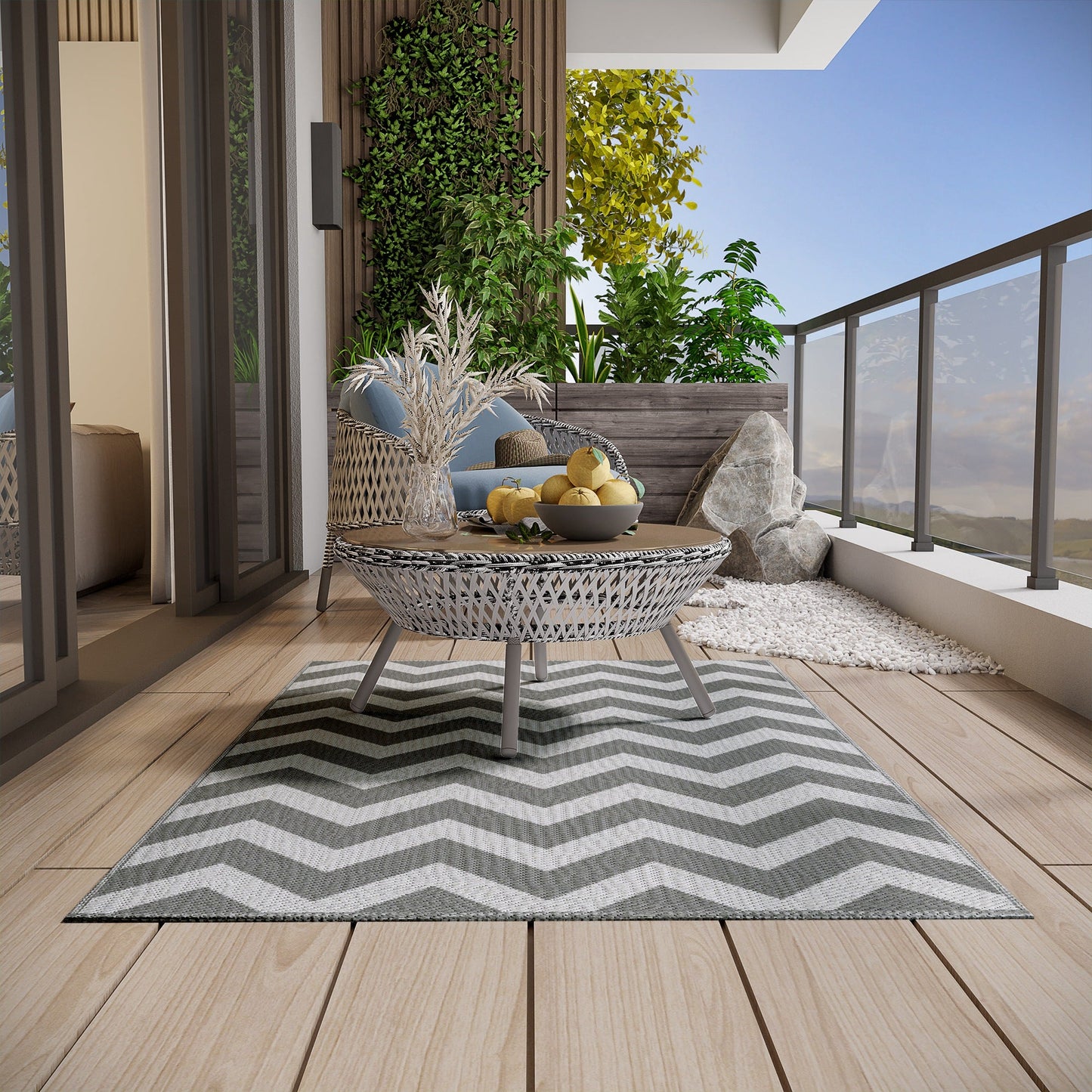 Outsunny Reversible Outdoor Garden Rug – Grey & White Zigzag (182cm x 121cm) - Clara Shade Sails - Outsunny - 