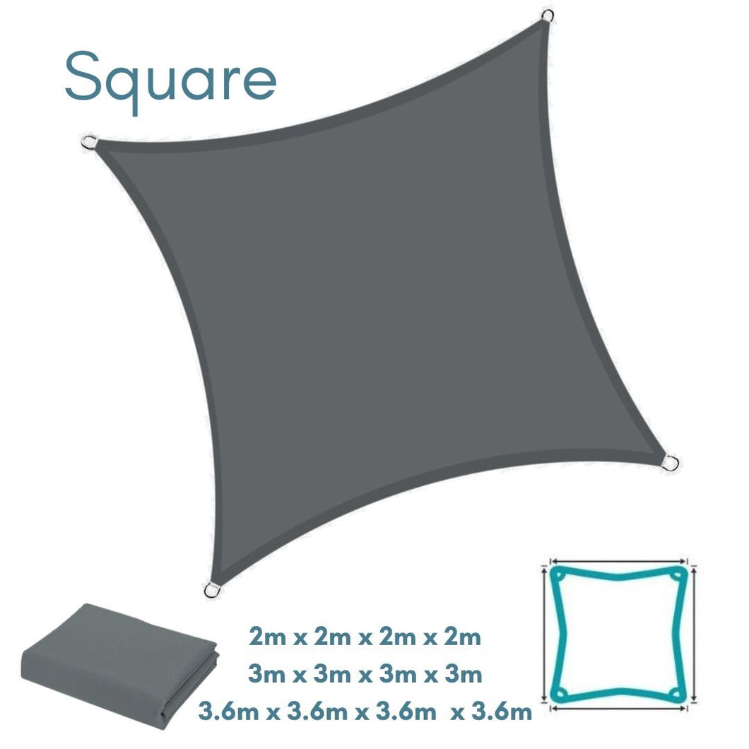 Square Dark Grey Sun Shade Sail - Water Resistant UV Garden Canopy Awning 2m 3m 3.6m - Clara Shade Sails - Clara Shade Sails - 2m - 