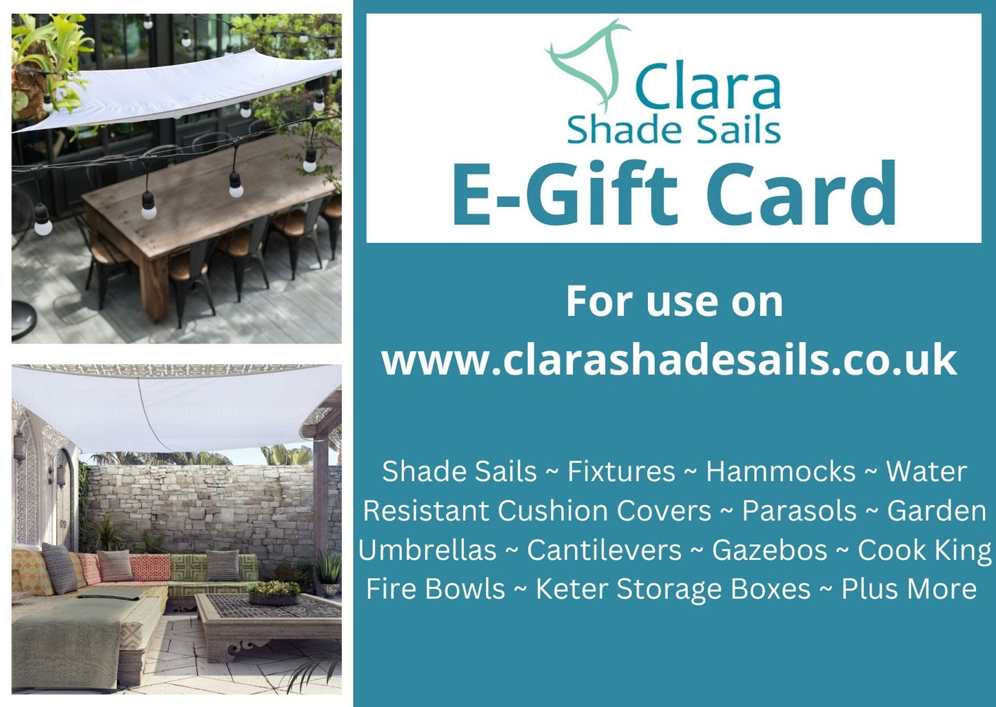 Clara Shade Sails E-Gift Card £10, £25, £50, £100 Clara Shade Sails