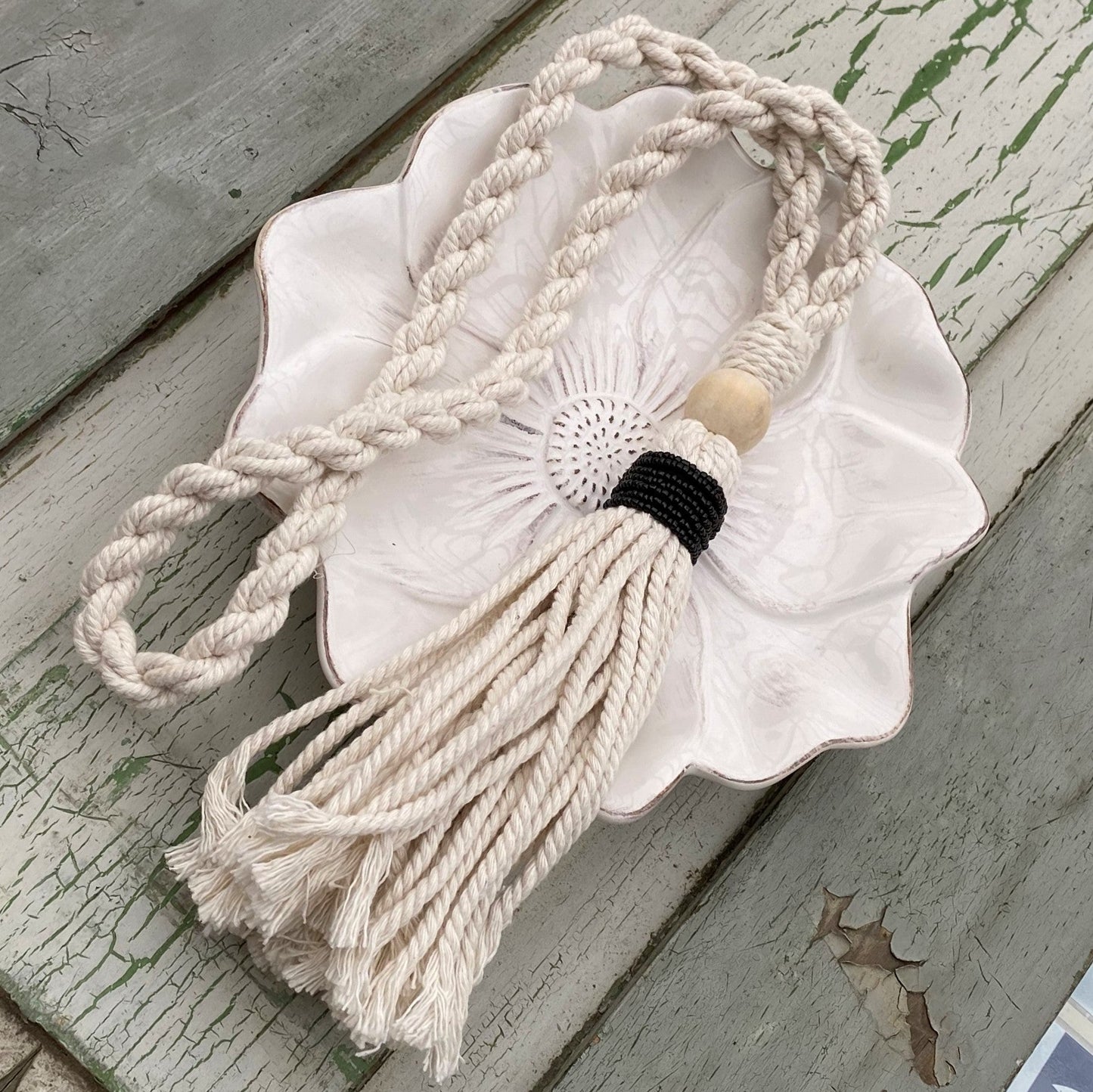 Decorative Black Bead Garland Macramé Tassel - Natural Cotton Wooden Curtain Tieback Wall Hanging 35cm Clara Shade Sails