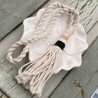 Decorative Black Bead Garland Macramé Tassel - Natural Cotton Wooden Curtain Tieback Wall Hanging 35cm Clara Shade Sails