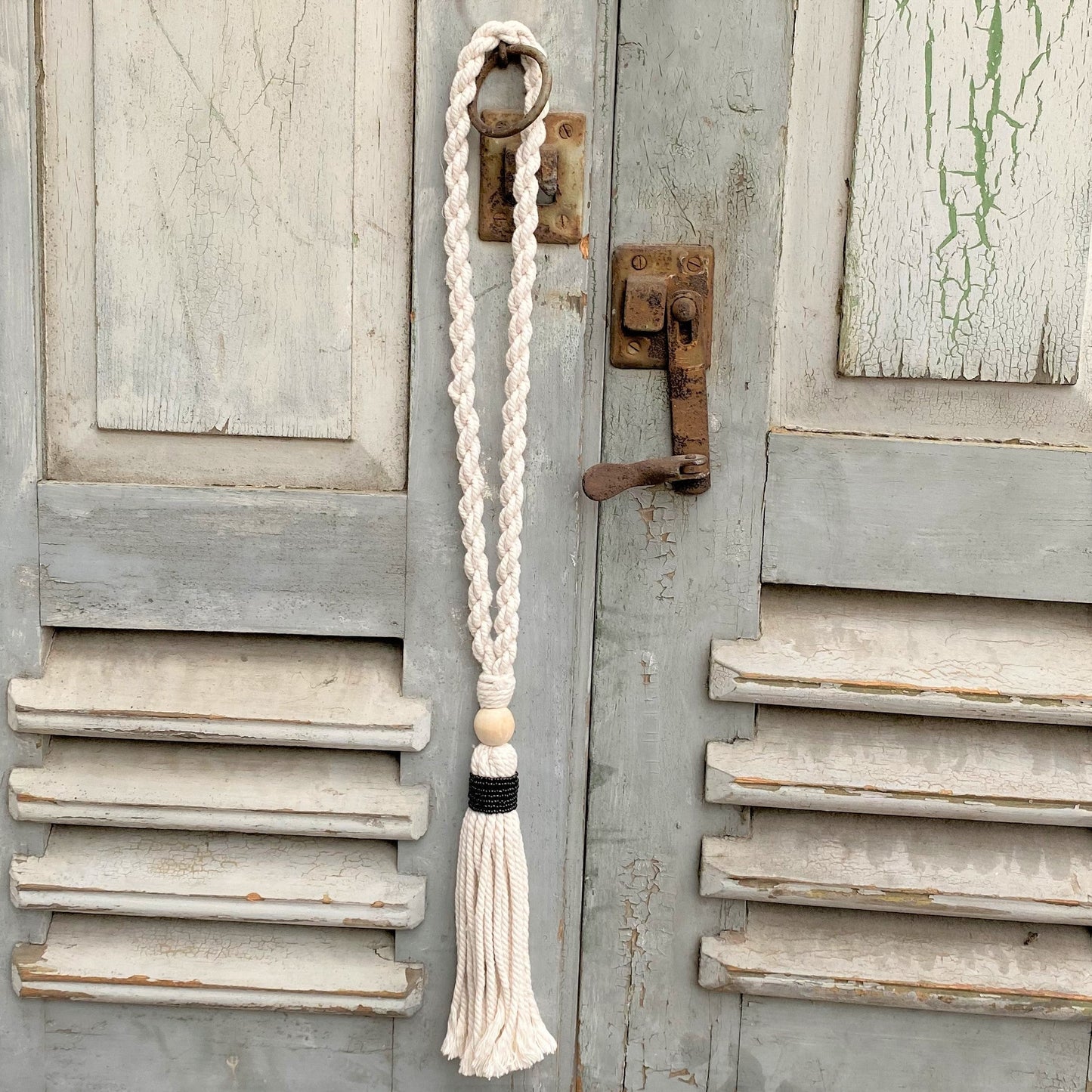 Decorative Black Bead Garland Macramé Tassel - Natural Cotton Wooden Curtain Tieback Wall Hanging 35cm Clara Shade Sails