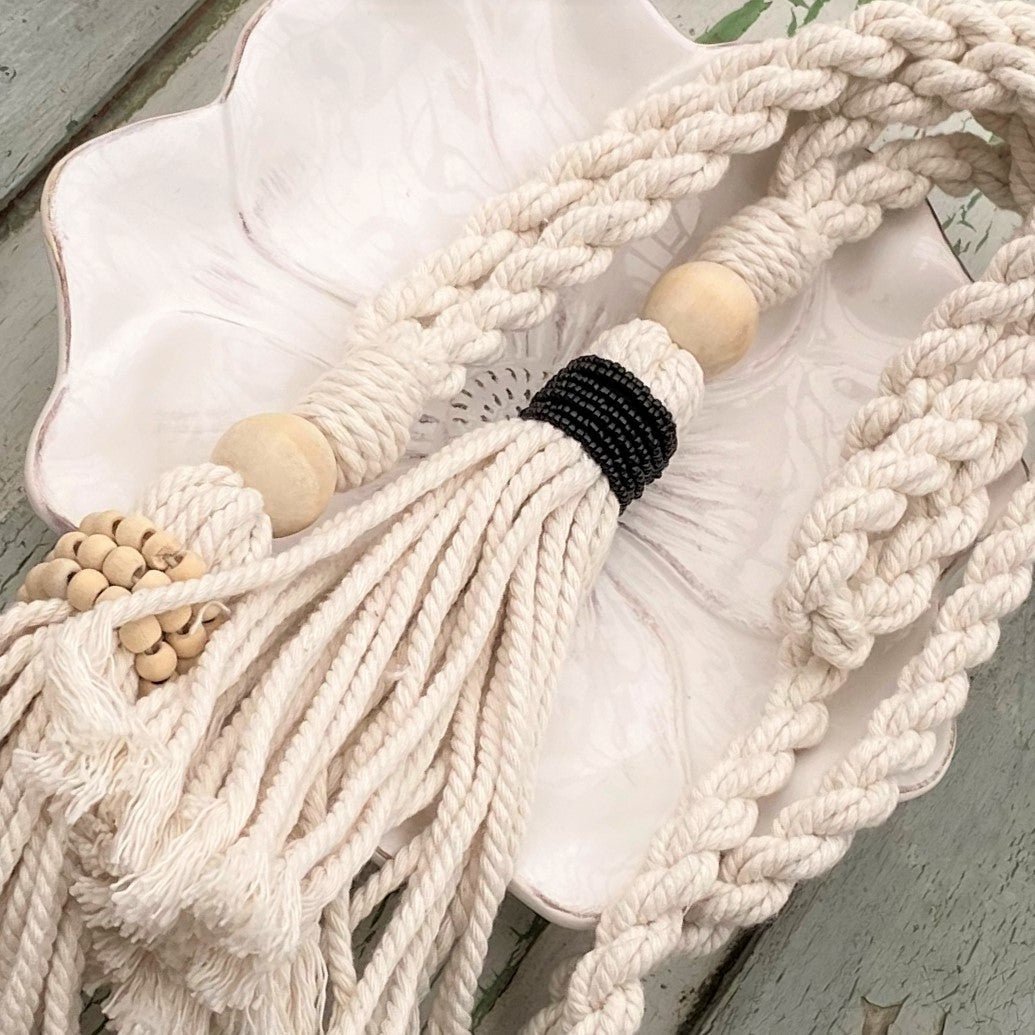 Decorative Black Bead Garland Macramé Tassel - Natural Cotton Wooden Curtain Tieback Wall Hanging 35cm Clara Shade Sails
