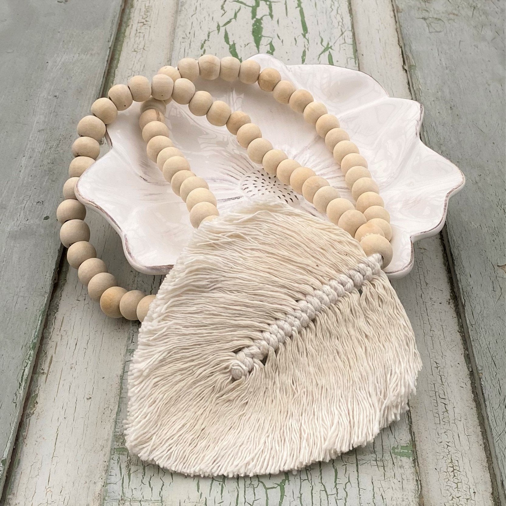 Decorative Feather Garland Macramé Tassel - Natural Cotton Wooden Bead Curtain Tieback Wall Hanging 35cm Clara Shade Sails