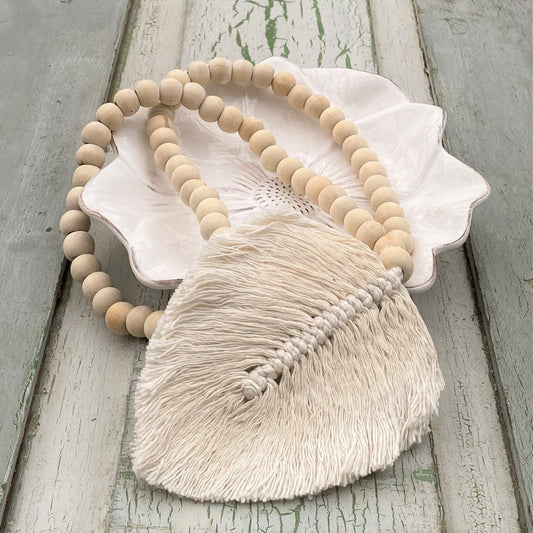 Decorative Feather Garland Macramé Tassel - Natural Cotton Wooden Bead Curtain Tieback Wall Hanging 35cm Clara Shade Sails
