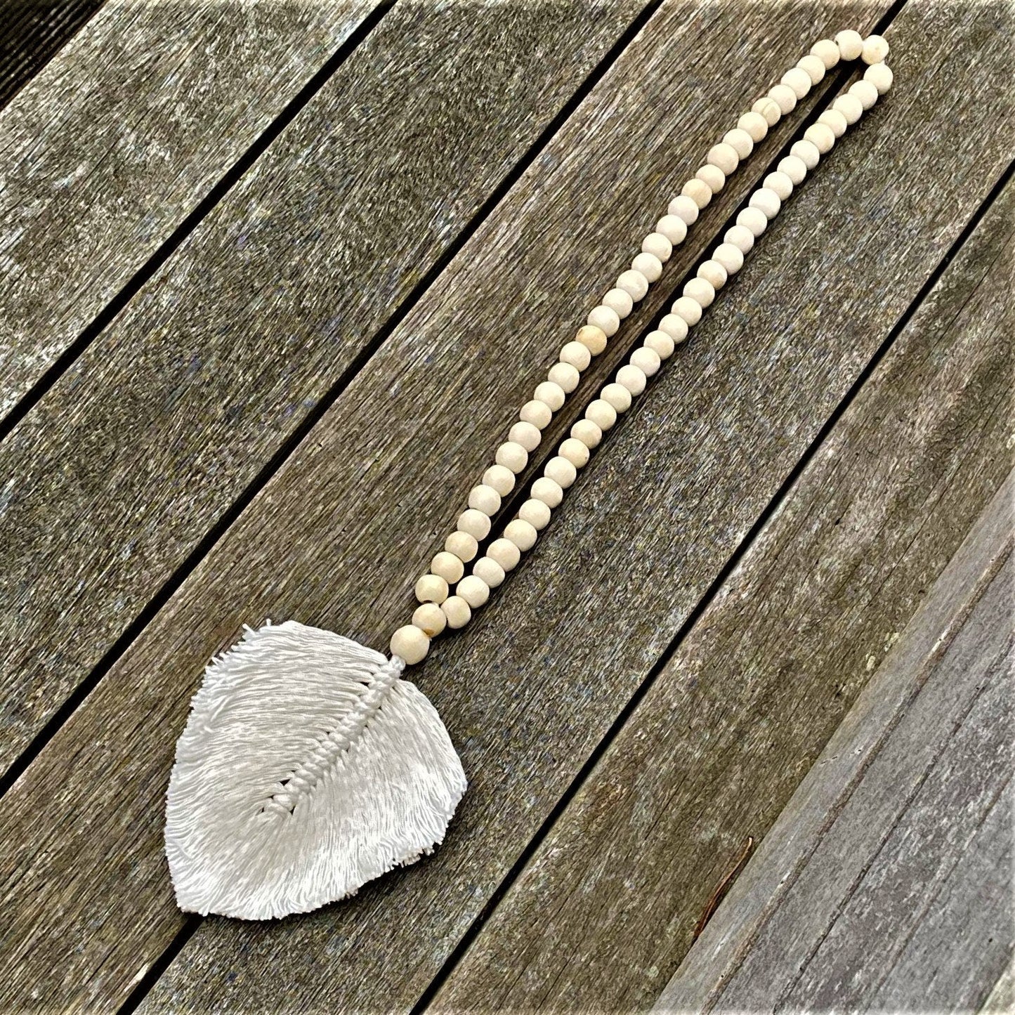 Decorative Feather Garland Macramé Tassel - Natural Cotton Wooden Bead Curtain Tieback Wall Hanging 35cm Clara Shade Sails