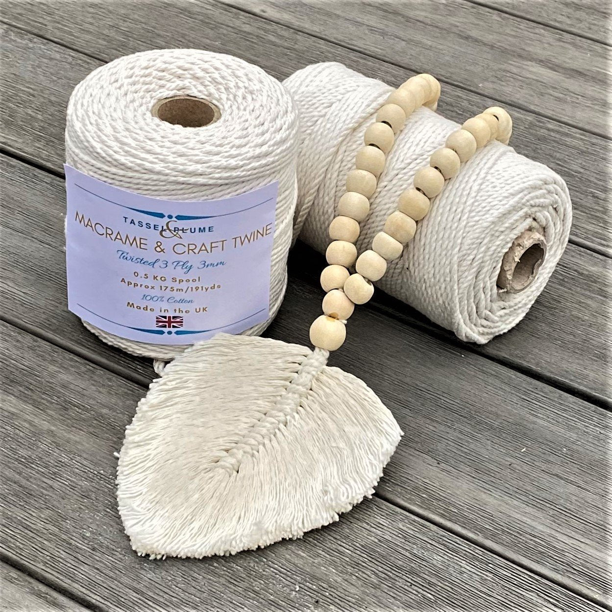 Decorative Feather Garland Macramé Tassel - Natural Cotton Wooden Bead Curtain Tieback Wall Hanging 35cm Clara Shade Sails