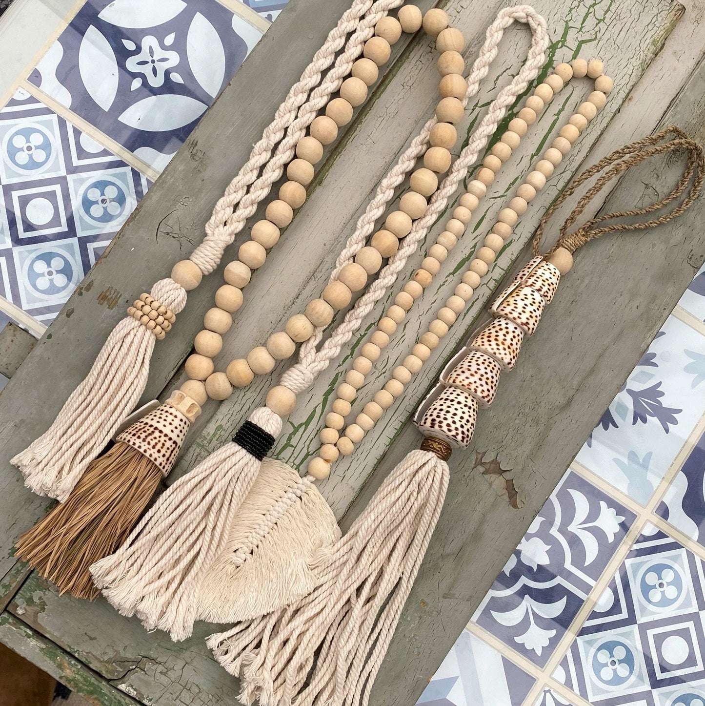 Decorative Shell & Wooden Bead Garland Macramé Tassel - Cotton Curtain Tieback Wall Hanging 35cm Clara Shade Sails