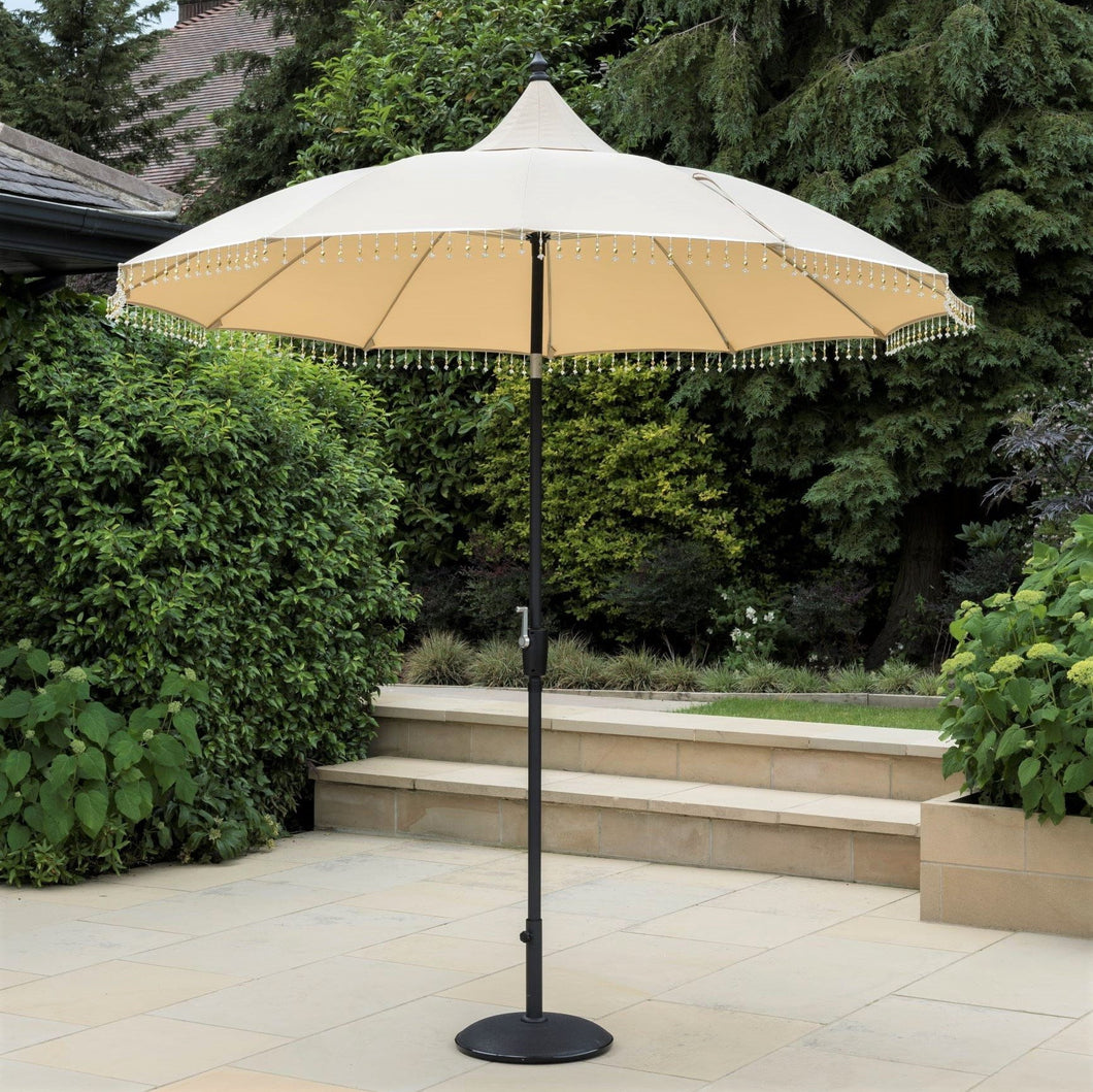 Norfolk Leisure Carrousel Beaded Garden Parasol Umbrella - Fringe Tassels 2.7m Crank Handle and Tilt - Cream, Pale Green or Grey - Outdoor Patio Norfolk Leisure