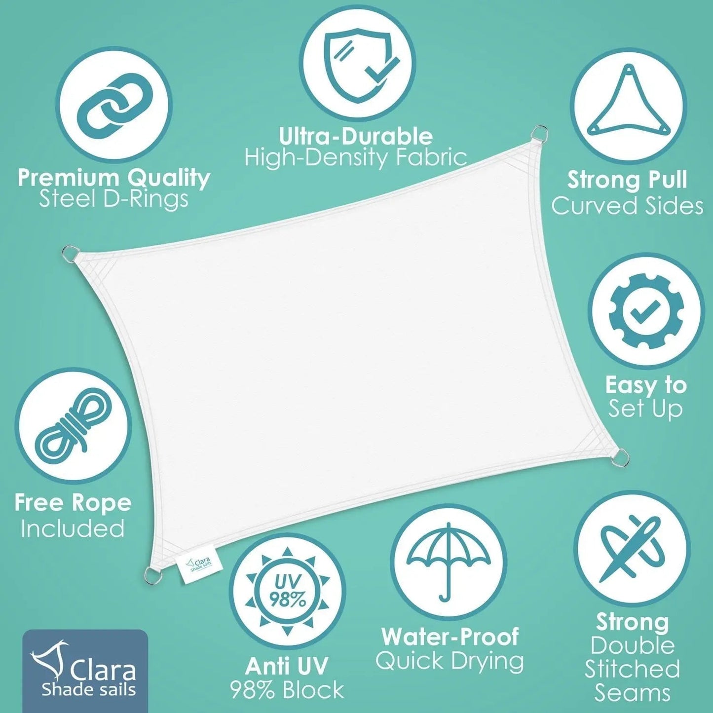 Rectangle 3m x 5m - Clara Sun Shade Sail White Waterproof Canopy Awning Gazebo for Patio Garden Clara Shade Sails