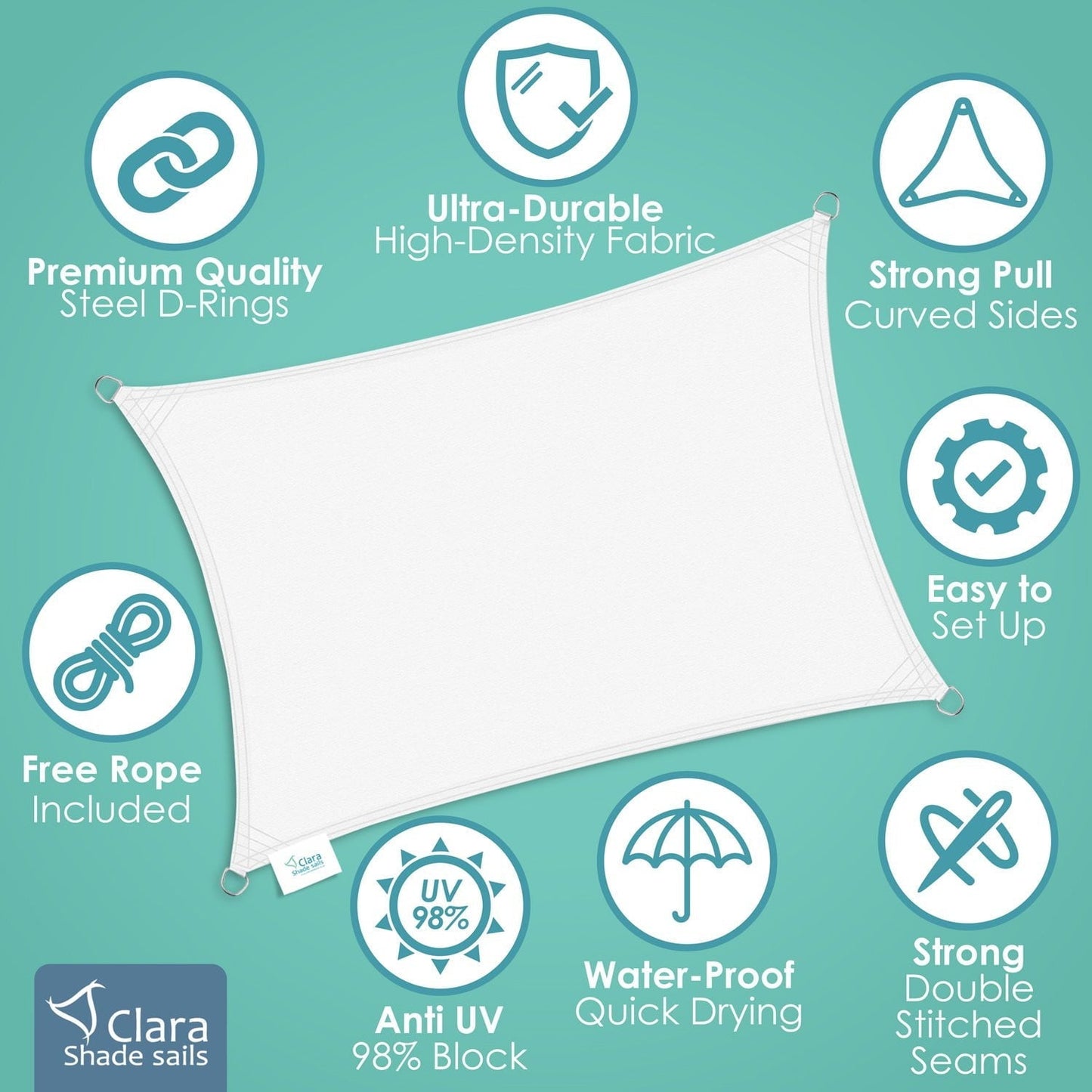 Square 2m - Clara Sun Shade Sail White Waterproof UV Patio Garden Canopy Awning Clara Shade Sails