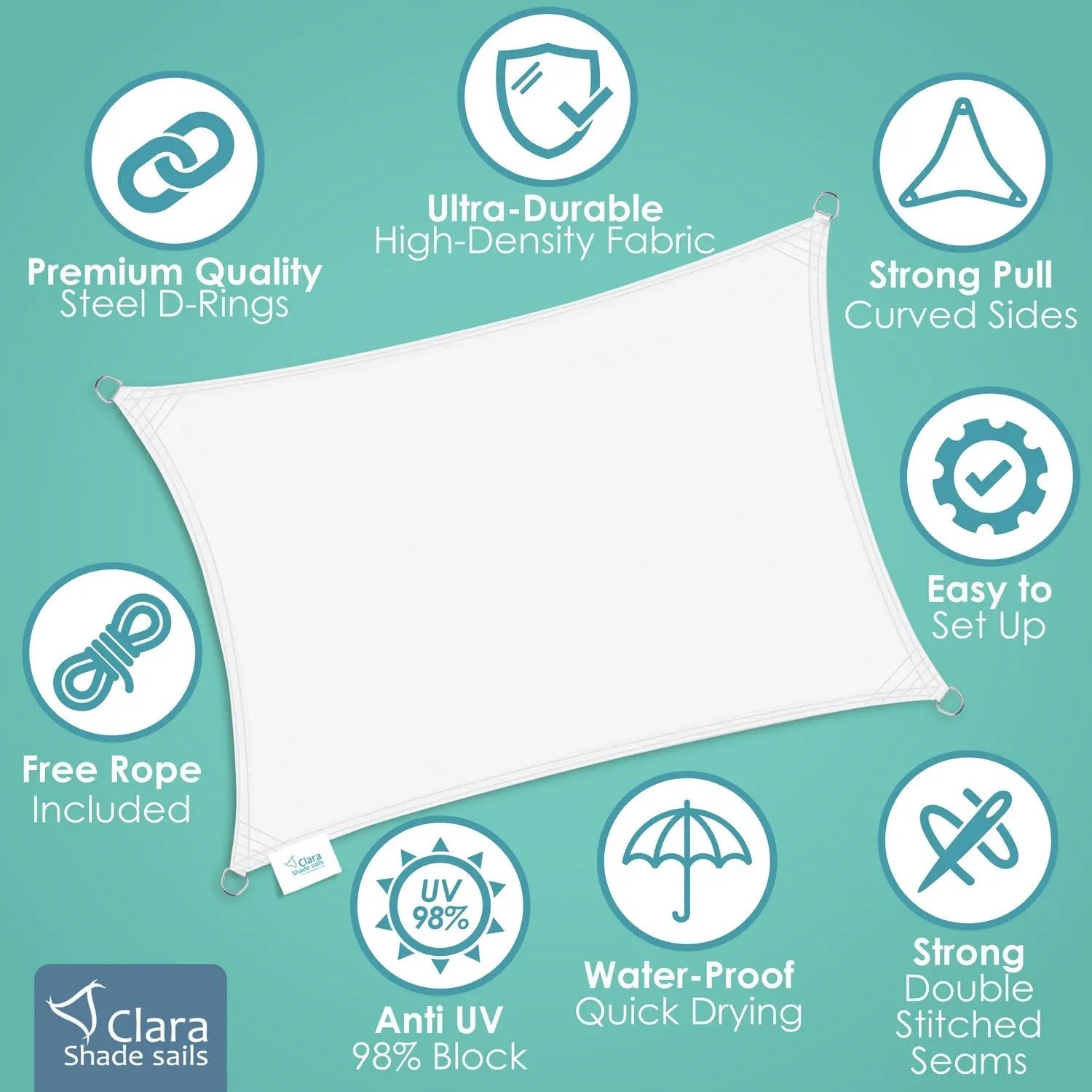 Square 3m - Clara Sun Shade Sail White Waterproof UV Patio Garden Canopy Awning Clara Shade Sails